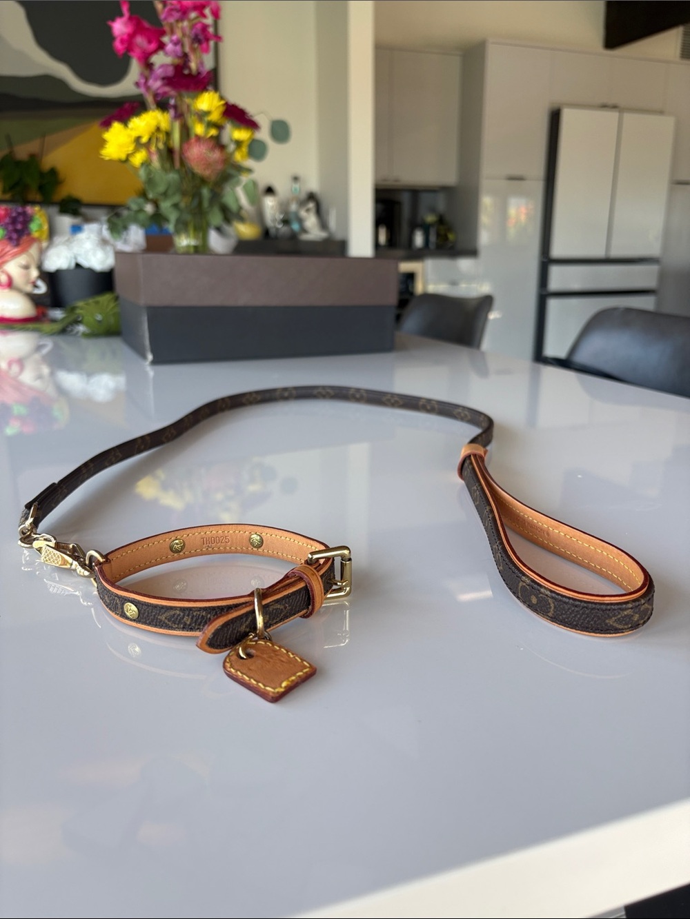 Louis Vuitton Brown Monogram Leather Dog Collar and Leash Set